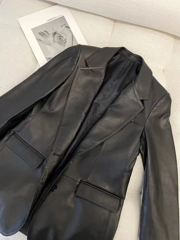 European American Streetwear Leather Jacket For Women Chic Loose Fit Suit Coat Female Flip Pocket Two Bottons White Blazer Mujer
