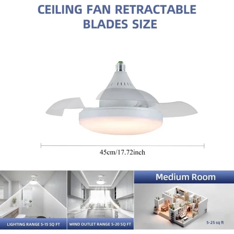 Ceiling Fan With Lighting And Remote Control, Hidden Retractable Blades, Quiet Fan Light, 3 Speeds And Dimmable,white