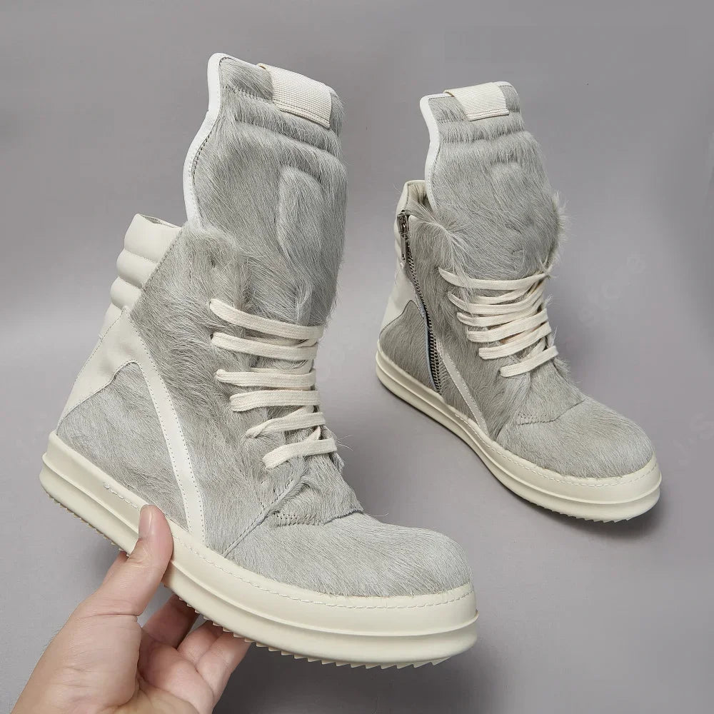 Ro Luxury Men Ankle Boot Black Horsehair Boots Women Sneaker Horse Hair High Top Shoe  Casual Shoes Zipper Sneakers