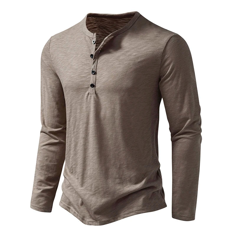 New Men's Cotton Henley T Shirt Long Sleeve T-Shirts Basic Casual Button Collar Breathable Daily Top Tees