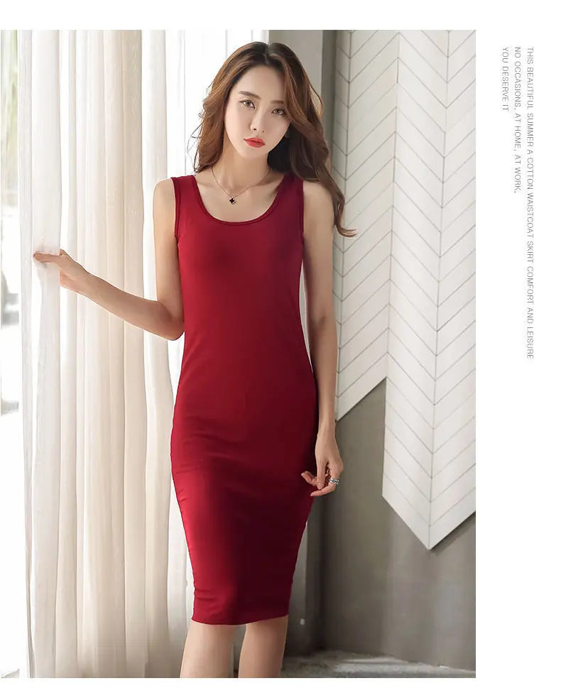 Summer Tank Top Style Dress Women Simple All-match Solid Color Package Hip Slim Sleeveless Dresses Commuting Style Midi Vestidos