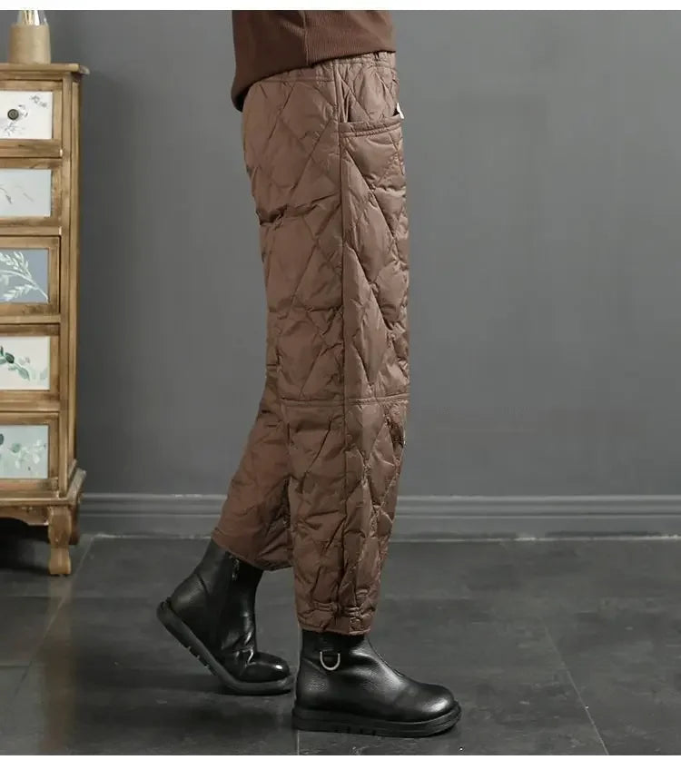 Vintage Quilted Pants Women Winter Warm Trouser Cotton-padded Pants Casual Design Pockets Elastic Waist Korean Chic Black Pants