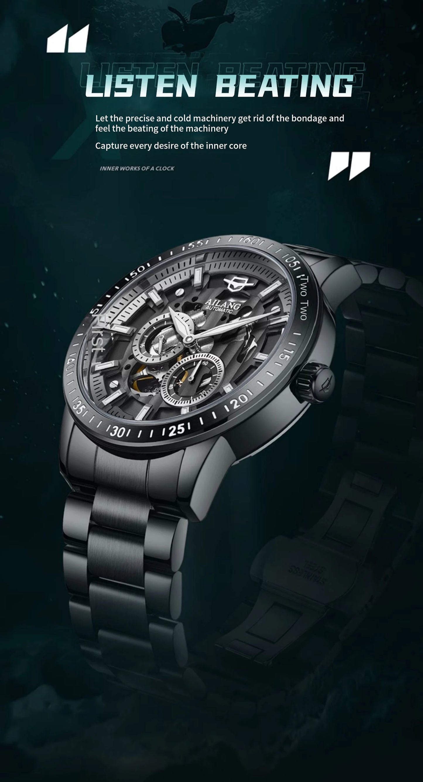AiLang automatic mechanical watch back hollow out men high-end fashion multifunctional calendar glow-in-the-dark waterproof