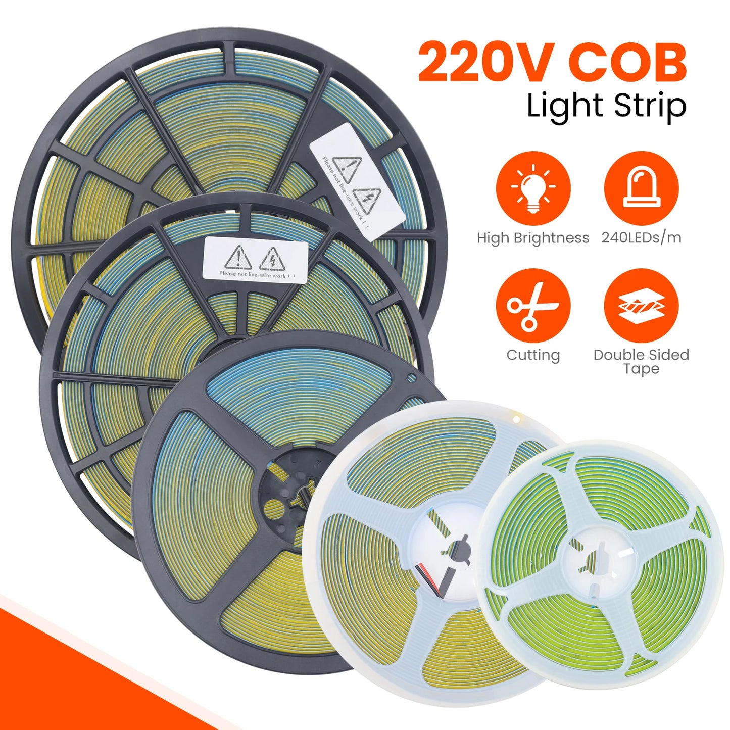 5M 10M 20M 50M/Roll COB Strip AC 220V 240Leds/M IP20 3000K 4000K 6000K Driver Build In Home Decor Flexible Ribbon Rope LED Light