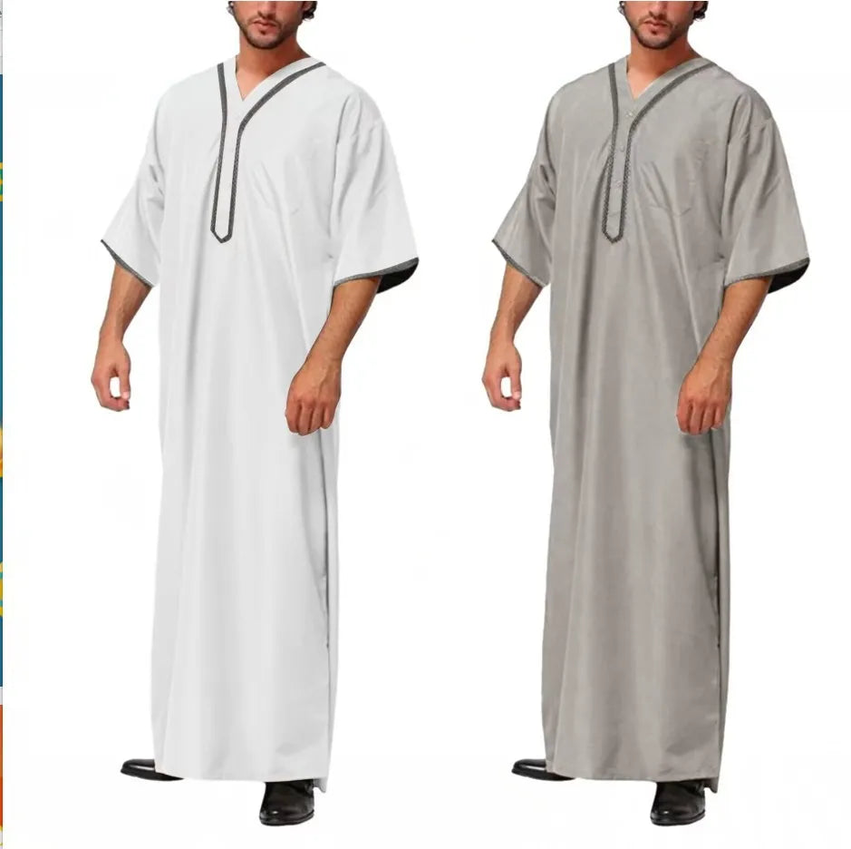 Islamic Muslim Men's Solid Color Short Sleeve Classic Embroidery Robe Dubai Arabic Ethnic Style Men's Casual Formal Robe