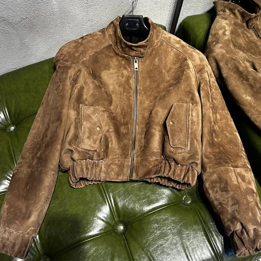 Cropped Suede Brown Women Jacket Drop-shoulder Real Leather Jackets 2025 New Outerwear