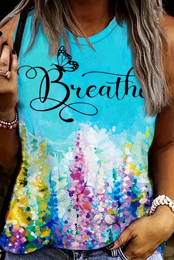 Women's Summer Elegant Floral Print Round Neck Tank Top Suitable for Daily Work, Casual Vacation