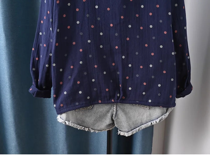 2025 Middle-aged women's clothing 100% cotton yarn hoodies polka dot print shirts long sleeve blouses for women hooded tops
