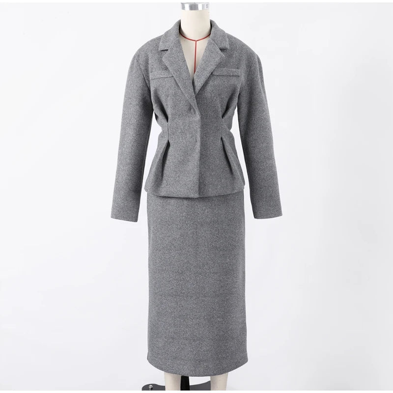 Elegant Women Solid Woolen Blazer Coat Skirt Suits Fashion Lapel Long Sleeves Overcoat Slim Hip Package Long Skirts Lady Outfits
