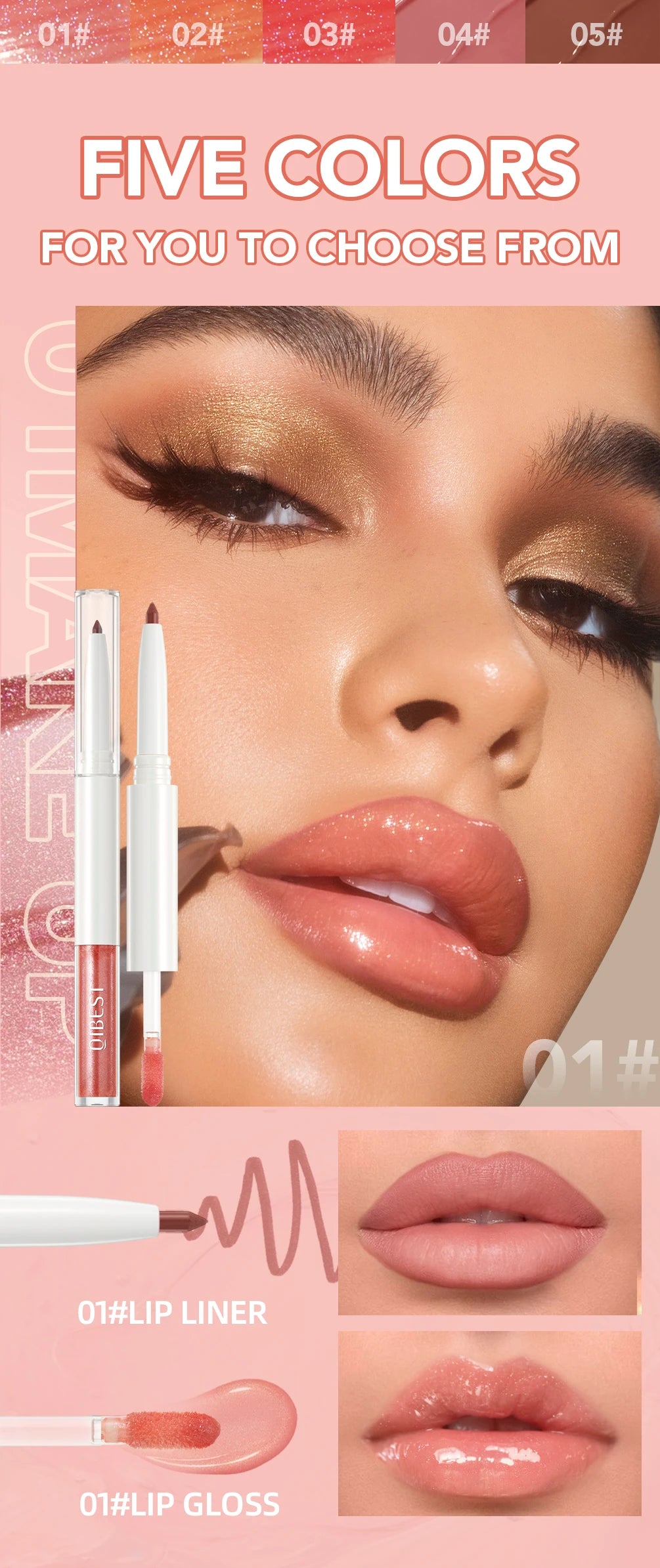 QIBEST Double Head Mirror Lip Glaze Lipliner Pen Water Light Lipgloss Makeup 2 in 1 Stick Matte Velvet Lip Liner Contour Pencil