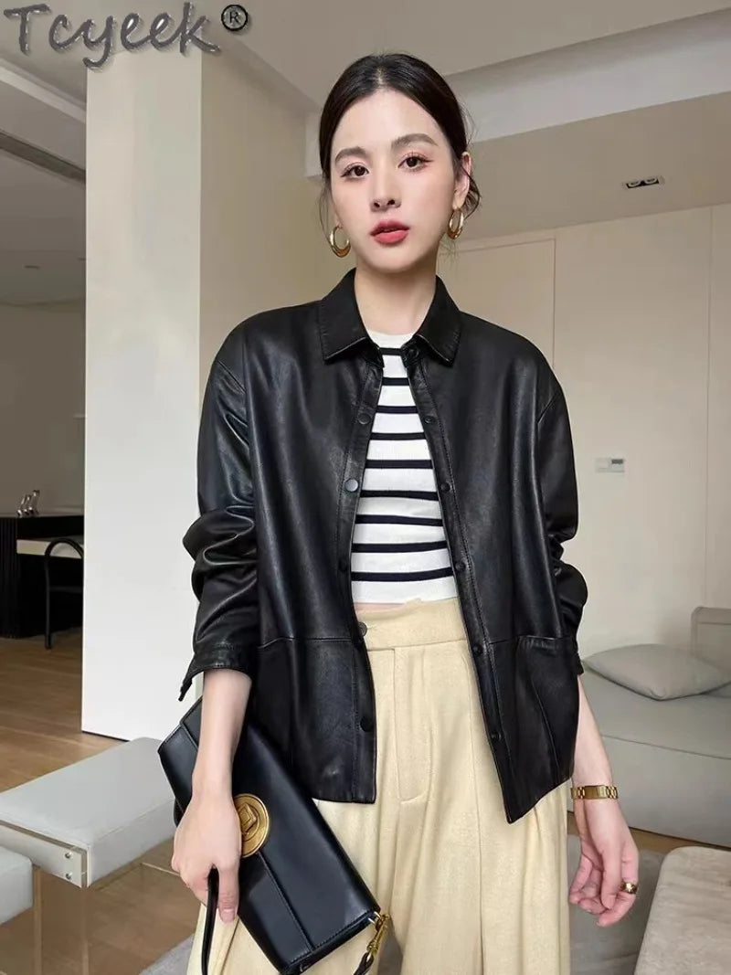 Tcyeek Genuine Leather Jacket Women Autumn Real Sheepskin Coats Black Leather Coat Womens Clothing Loose Fit Jaqueta De Couro