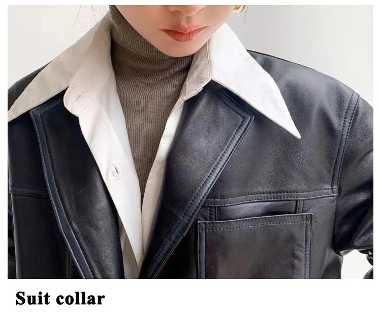 2025 Autumn Women's Oversized Real Leather Jacket Female 100% Sheepskin Retro Brown Broad Shoulder Suit Coat Streetwear Blazer