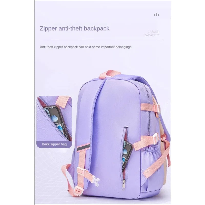 School Bag Oxford Cloth Polyester Waterproof Cute Cartoon Backpack Girls Spine Protection Rucksack Daily Campus Commuting Bag