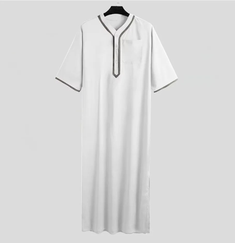 Islamic Muslim Men's Solid Color Short Sleeve Classic Embroidery Robe Dubai Arabic Ethnic Style Men's Casual Formal Robe