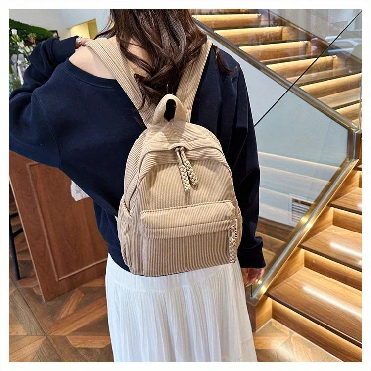 Backpack Solid Color Corduroy Backpack Handbag Rucksack Small School Bags Commuting Simple Student Book Bags Autumn Winter