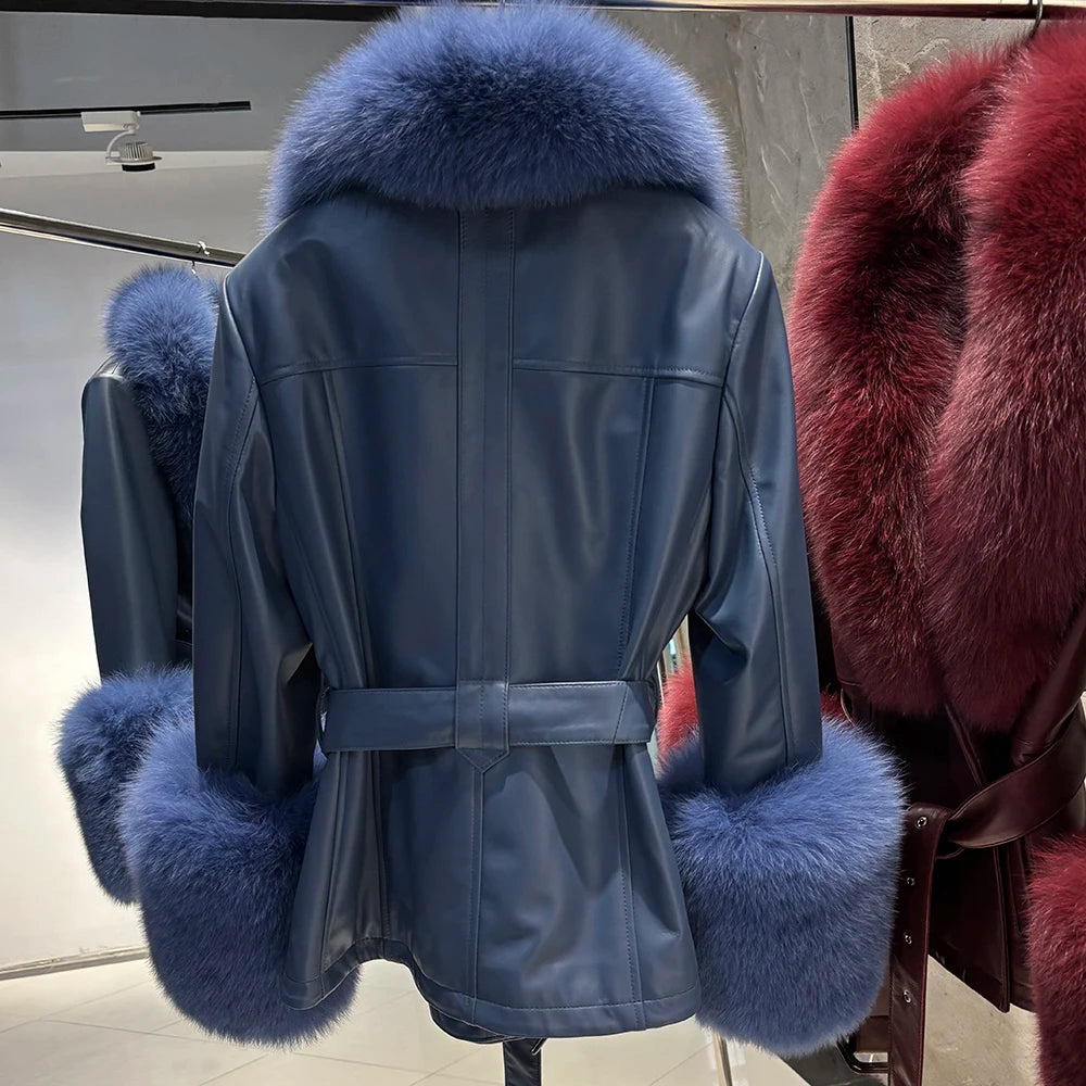 YOLOAgain Real Fox Fur Collar Genuine Leather Jacket Women