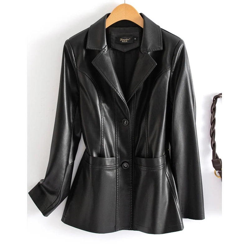 2024 New Sheepskin Jackets Fashion Wine Red Women Long Sleeve Single-breasted Coats Casual Lady Slim Split Leather Jackets M-6XL