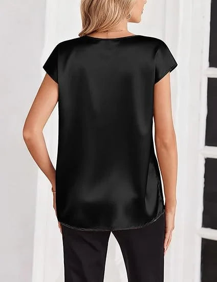 Women's Summer New T-shirt Casual V-Neck Short Sleeve Blouse Business Casual Tops Satins Silk Summer Shirt Work Solid Color Tops