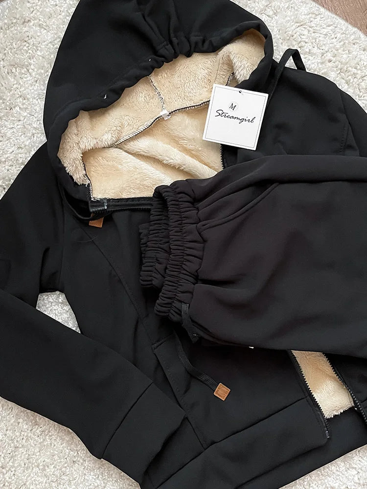 Winter Warm Sports Suits For Women Velvet Track Suit Thick Hoodies Jackets And Sweatpants Fleece 2 Piece Sets Women Outfit 2023