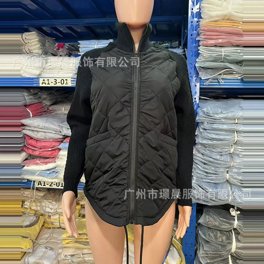 Winter Women Jackets Solid Stand Collar Neck Parkas Patchwork Drawstring Hem Zipper Closure Cotton Jacket Warm Cardigan Coats