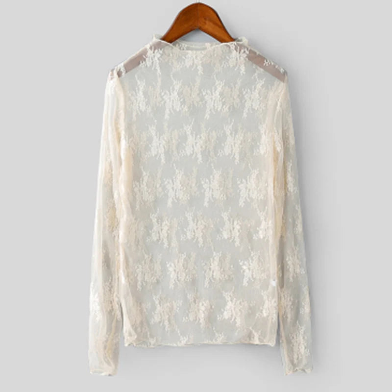 Summer Women Lace Floral Embroidery Blouses Shirt Ladies tops Sexy mesh Blouses Transparent Elegant See-through Black Shirt