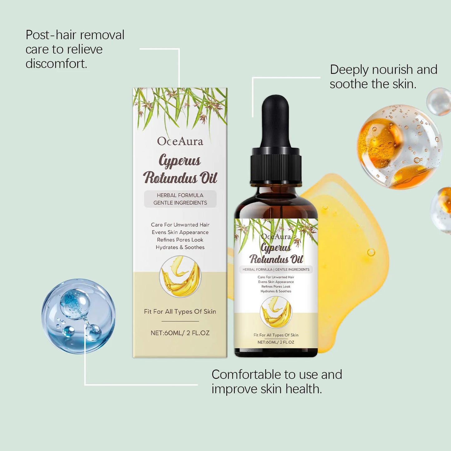 Natural Cyperus Rotundus Oil 60ml for Hair Removal Moisturizing Soothing Skin Reducing Body Hair Growth Painless After Shave Oil