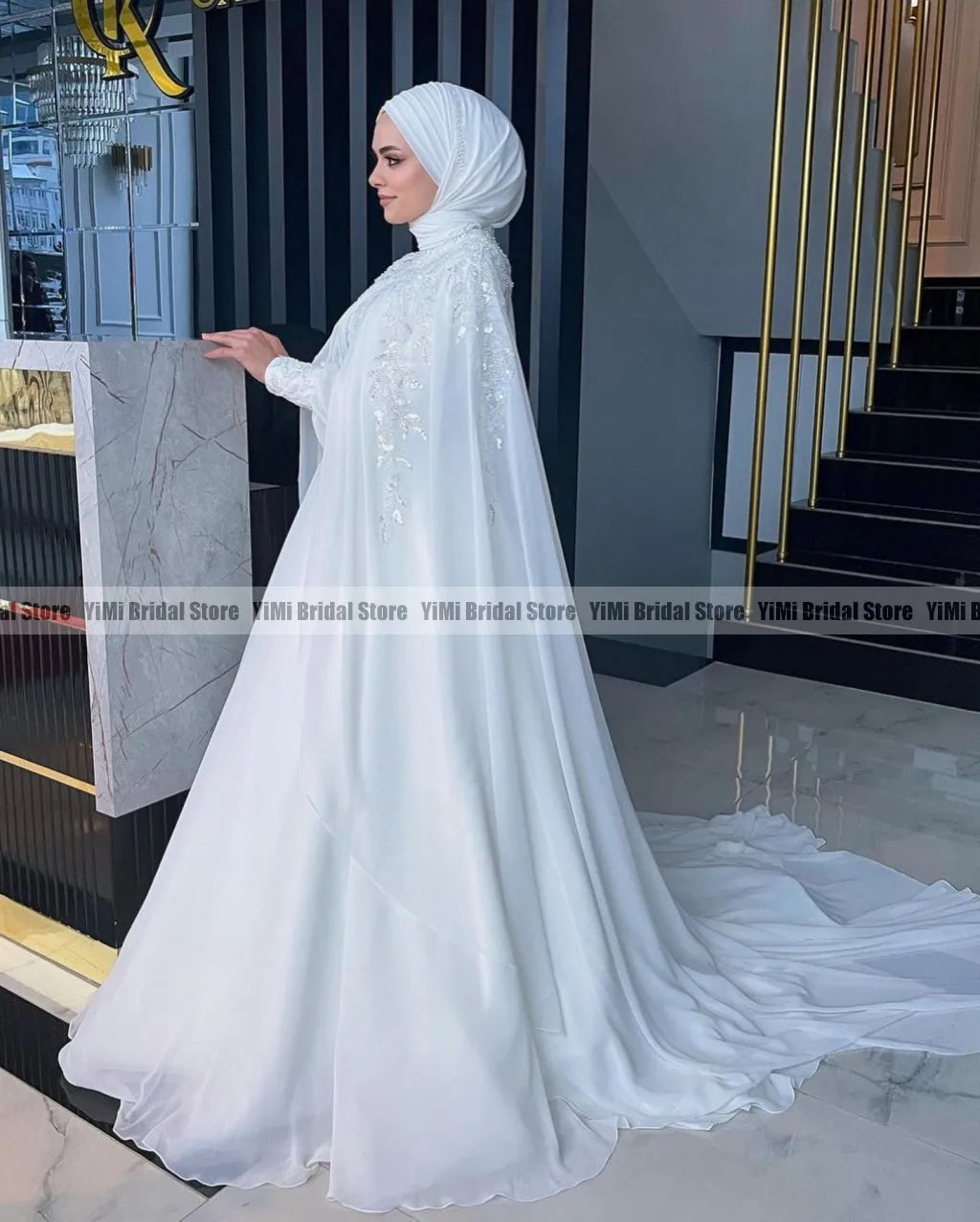 Muslim Wedding Dresses Hijab High Neck Long Sleeve A Line Bride Dress Chiffon Pearls Bridal Gown vestidos de novia Customized