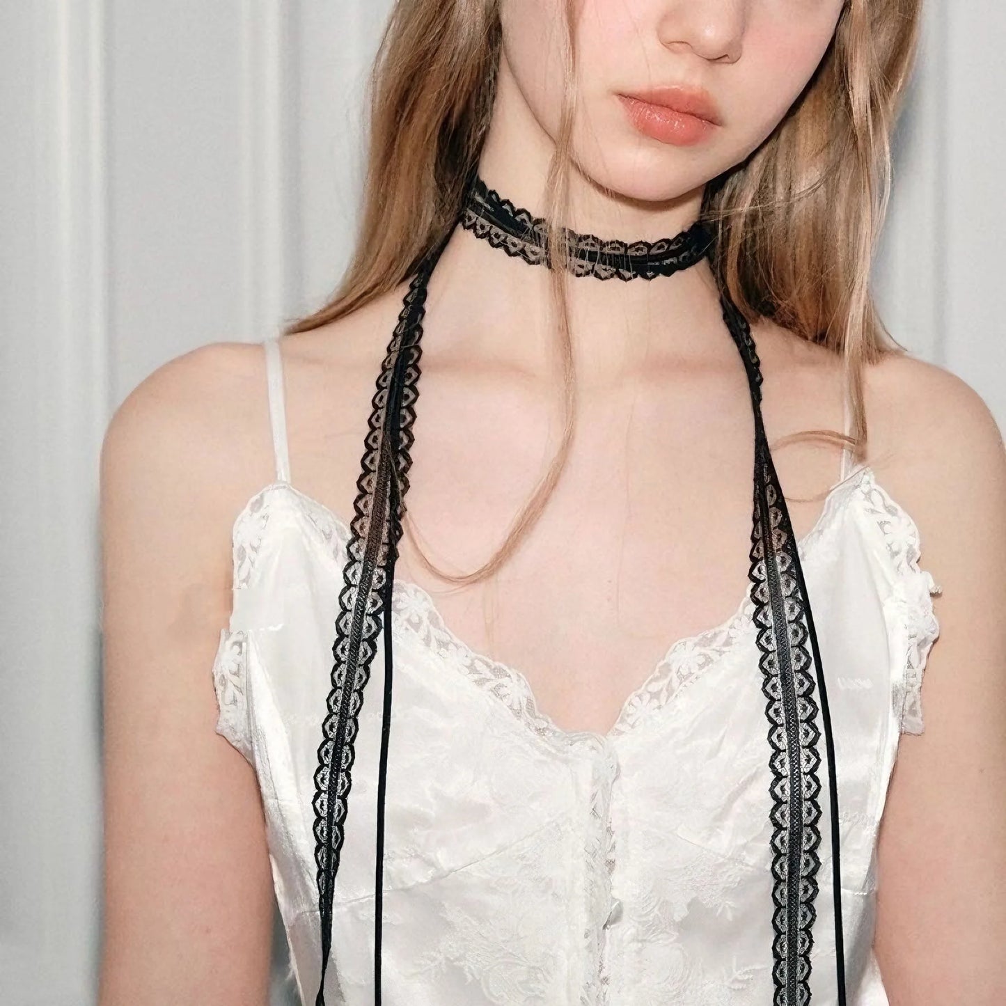 Black White Lace Necklace Versatile Long Ribbon Layered Clavicle Chain Choker for Woman Girls Wear Neck y2k Decoration Jewelry