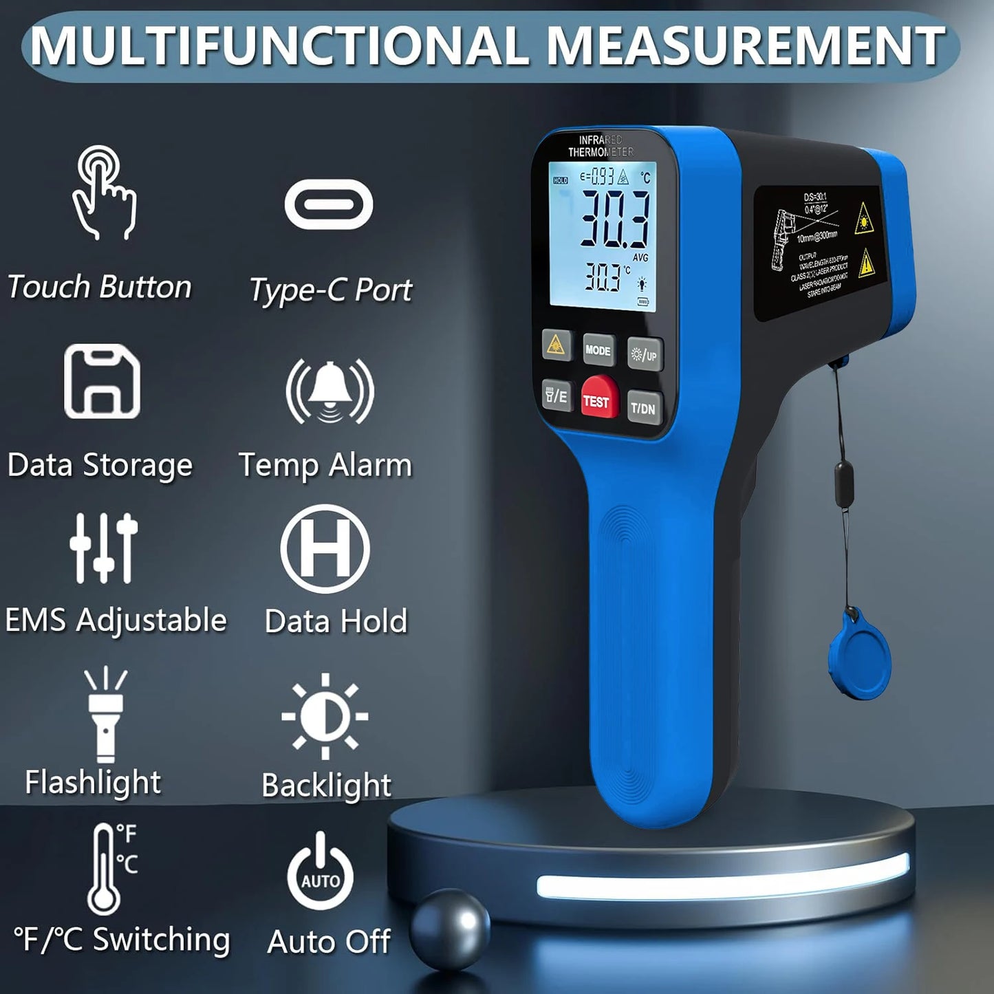Non-Contact Infrared Thermometer with Laser Targeting - Button-Operated Industrial/High-Temperature Surface Measuring Tool