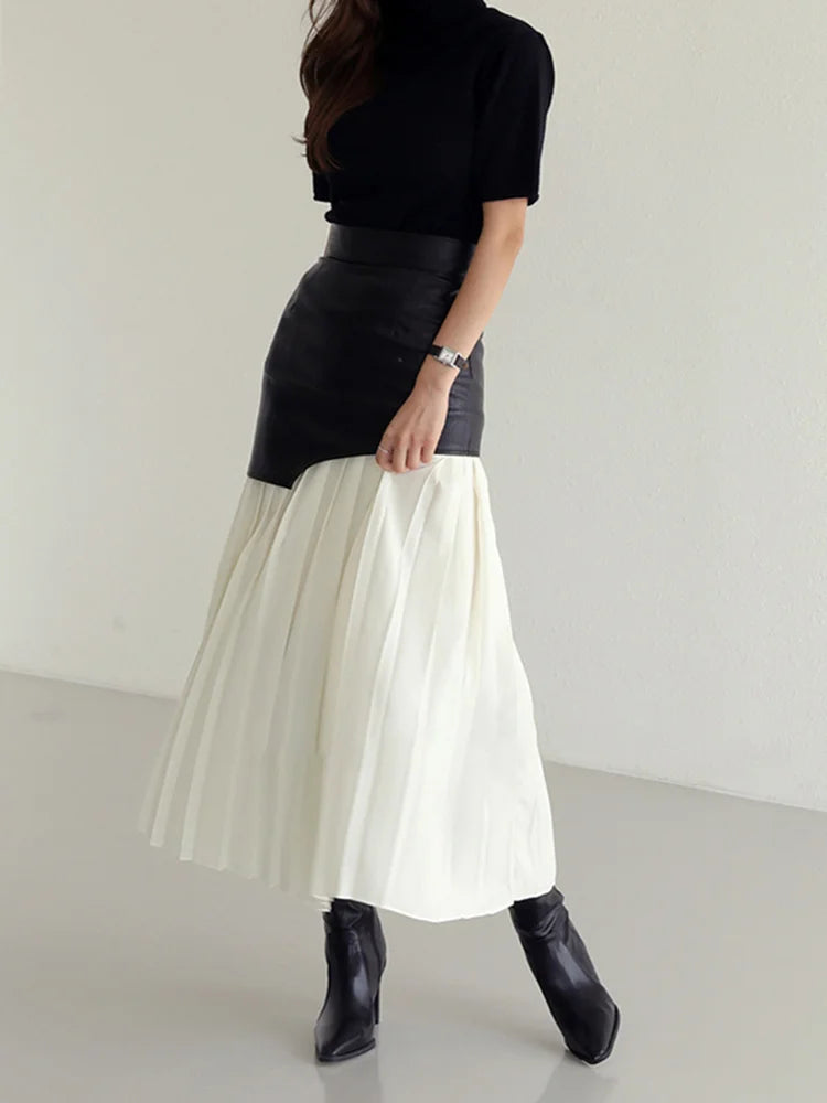 TWOTWINSTYLE Casual Patchwork Pu Skirt For Women High Waist Midi Folds Pleated Skirts Female 2022 Spring Fashion Clothing Style