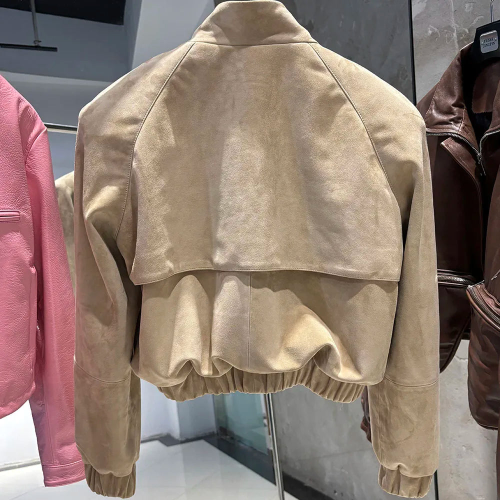 YOLOAgain Suede Leather Jacket Coat Women Real Leather Cropped Jacket Bomber Jacket 2025 Autumn