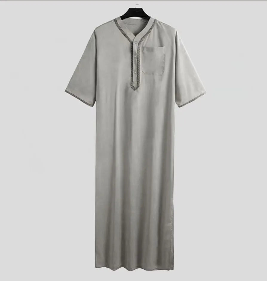Islamic Muslim Men's Solid Color Short Sleeve Classic Embroidery Robe Dubai Arabic Ethnic Style Men's Casual Formal Robe