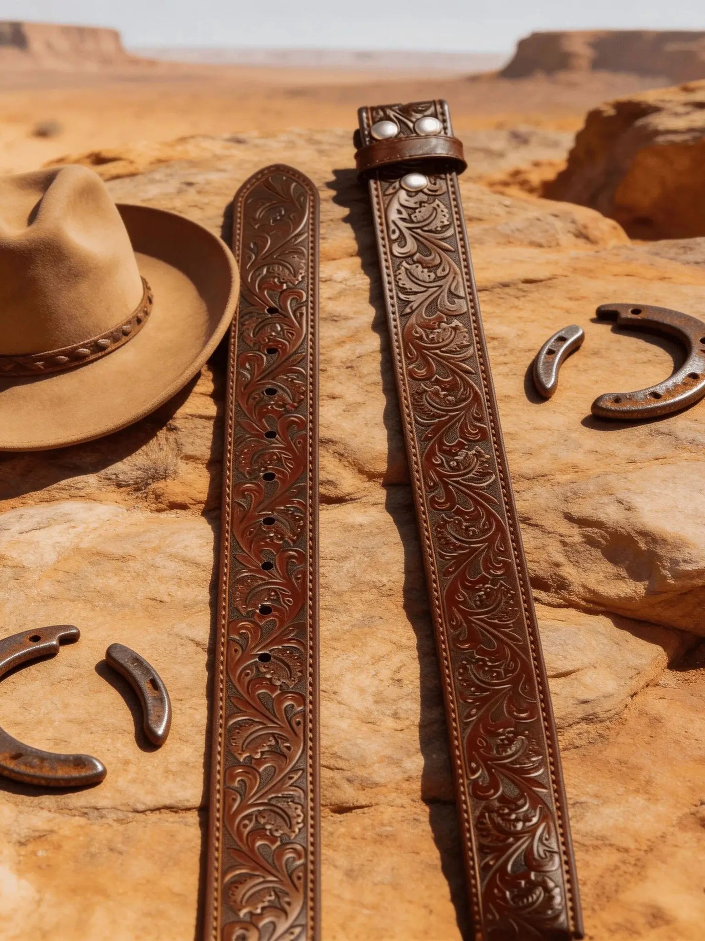 Western Style Tooled Leather Belt Strap - Buckleless Design for Customizable Fit