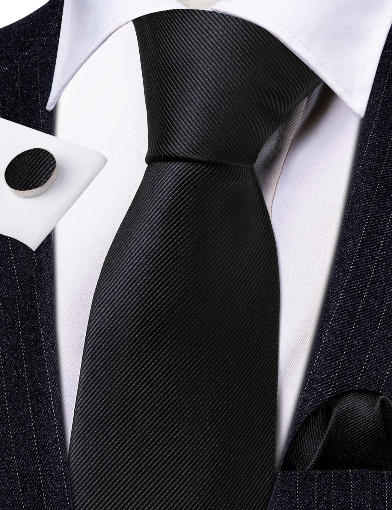 Black Men Necktie High Quality Solid Silk Woven Tie New Male Handkerchief Cufflinks Sets Business Party Formal Barry.Wang 6476