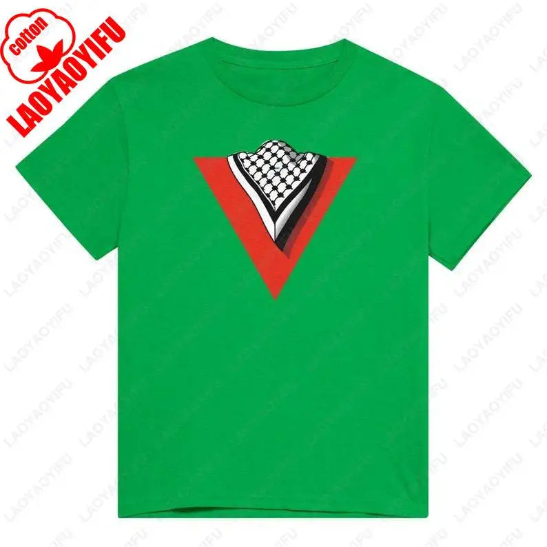 Palestine Heart Shape with Flag Colors Unisex Cotton T Shirt Summer Round Neck Tee for Men and Women Love Theme