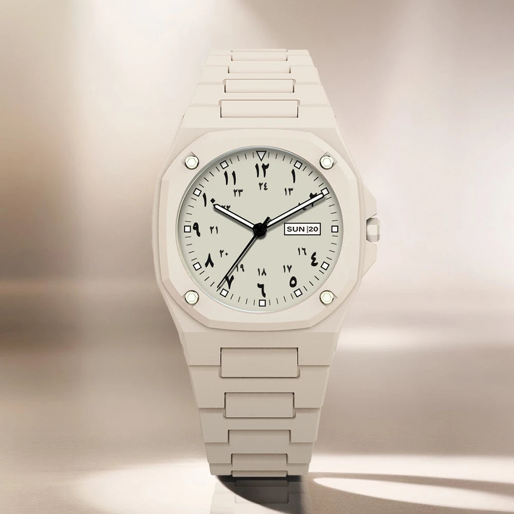 Both men and women can wear this stylish new men's watch. It is a simple black men's quartz watch with Arabic numerals and a cas