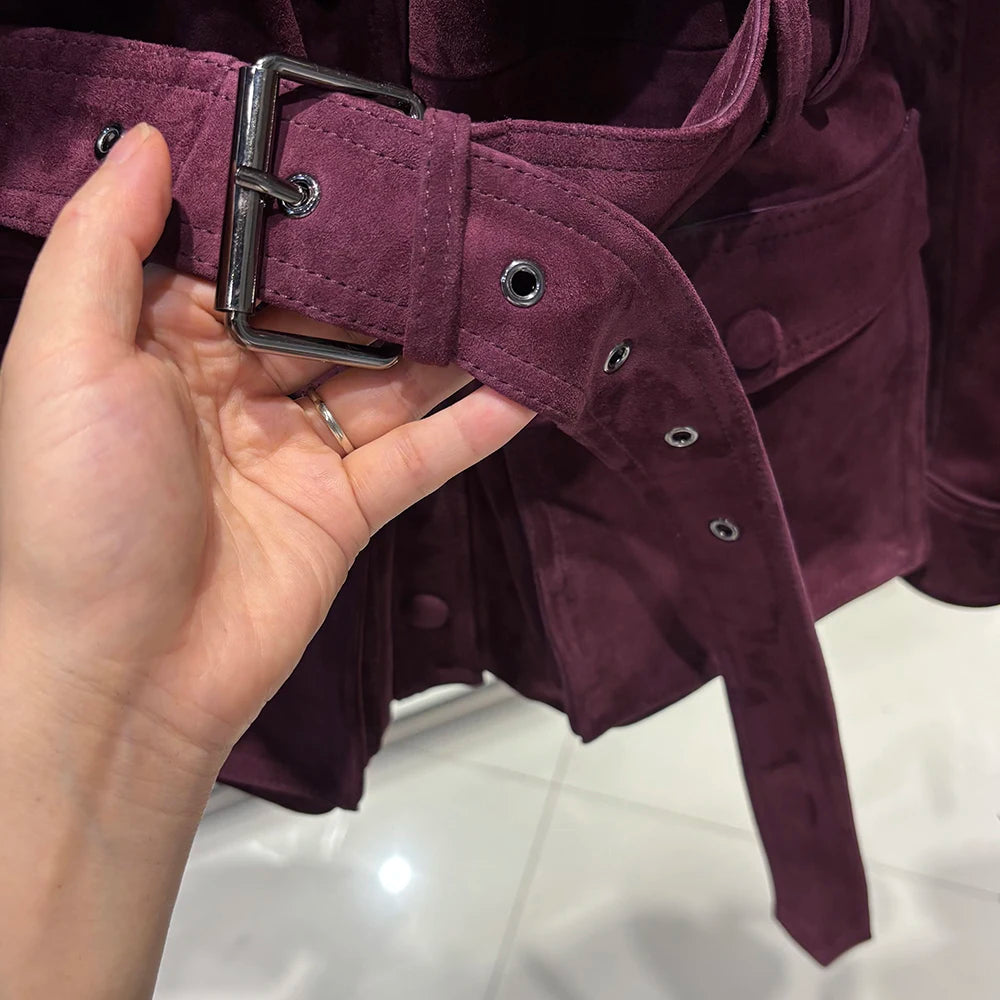 YOLOAgain Real Leather Suede Jacket Women Dark Brown Single Breasted Leather Coat With Belt