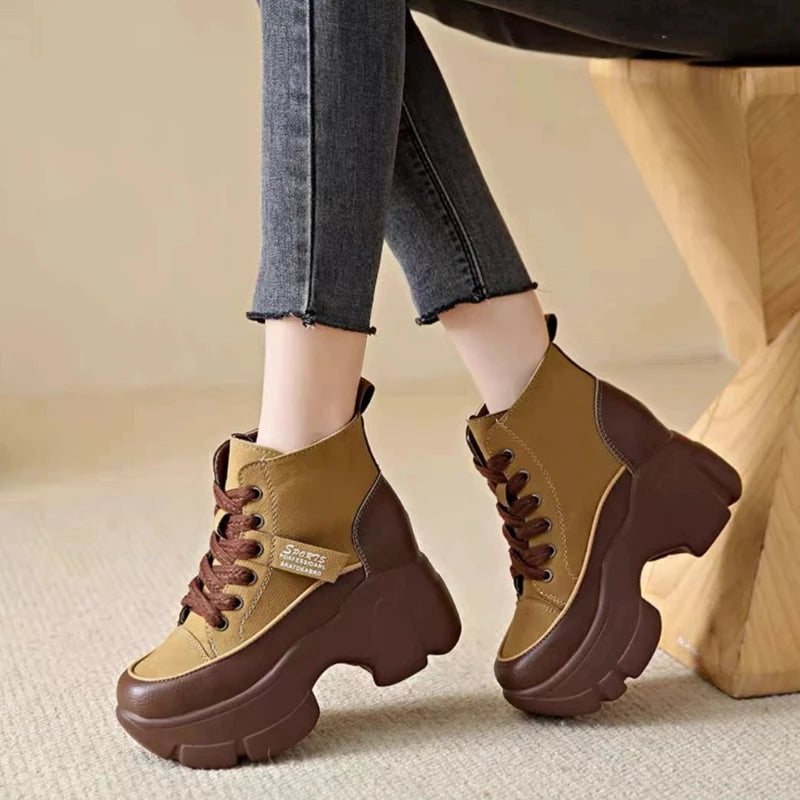 Women's Shoes on Sale High Quality Lace Up Women Boots Winter Round Toe Mixed Colors Short Barrel Platform Increase Height Boots