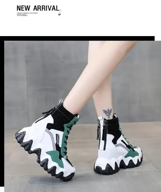2024 Women Thick Sole Ankle Boots Autumn Luxury Platform Casual Boots Women's 8cm High Heels Wedge Boots Shoes Woman Sneakers