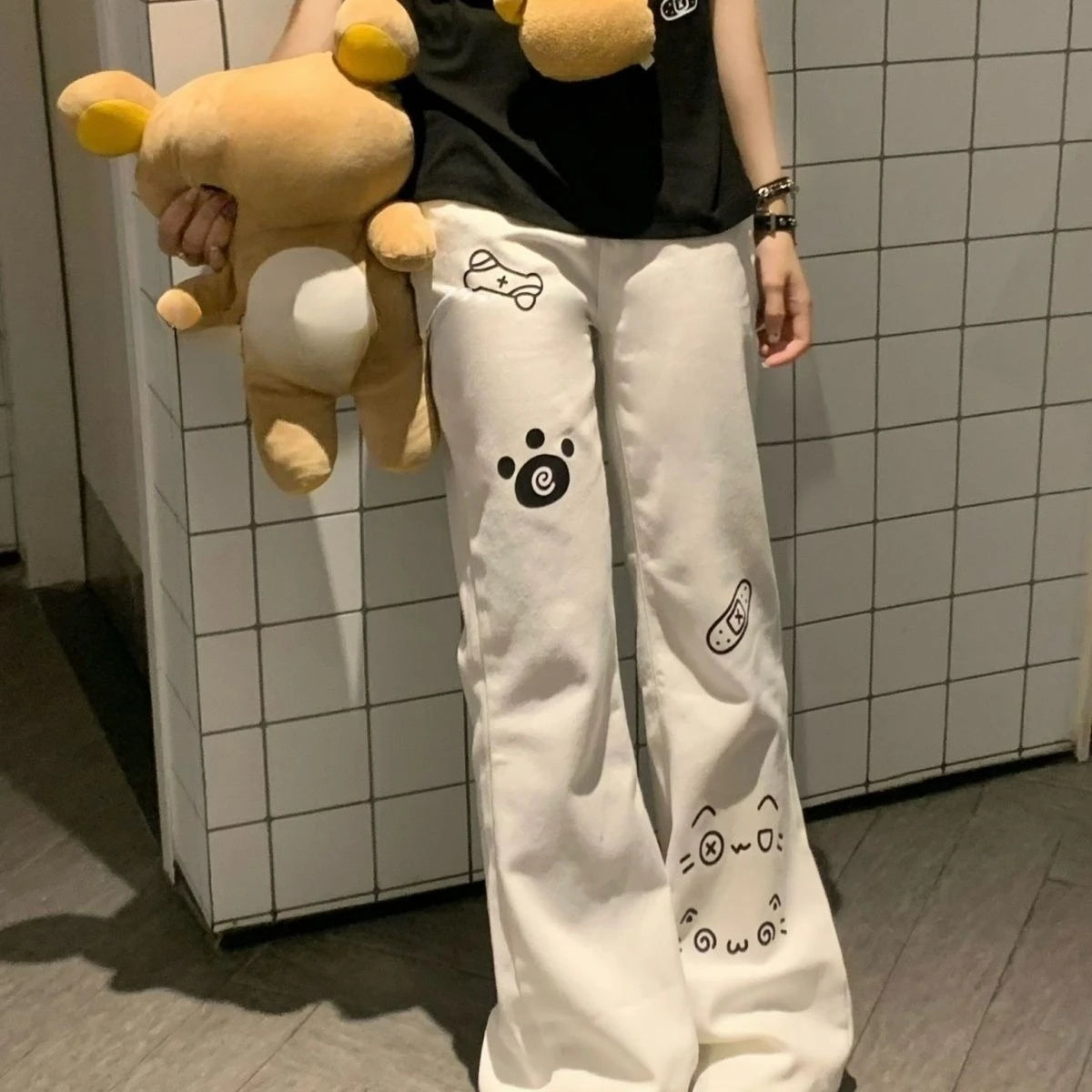 Japanese Kawaii Full Length Pants Women Cartoon Cat Pattern Casual Trousers Y2K Sweet Harajuku Subculture Autumn Sweat Pants