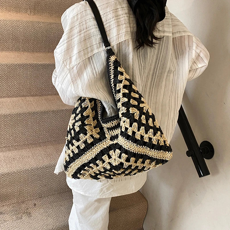 Women Weaving Clutches Top-handle Bag Large  Portable Shoulder Bag Summer Beach Purses Shopper Satchel Female Tote Bags