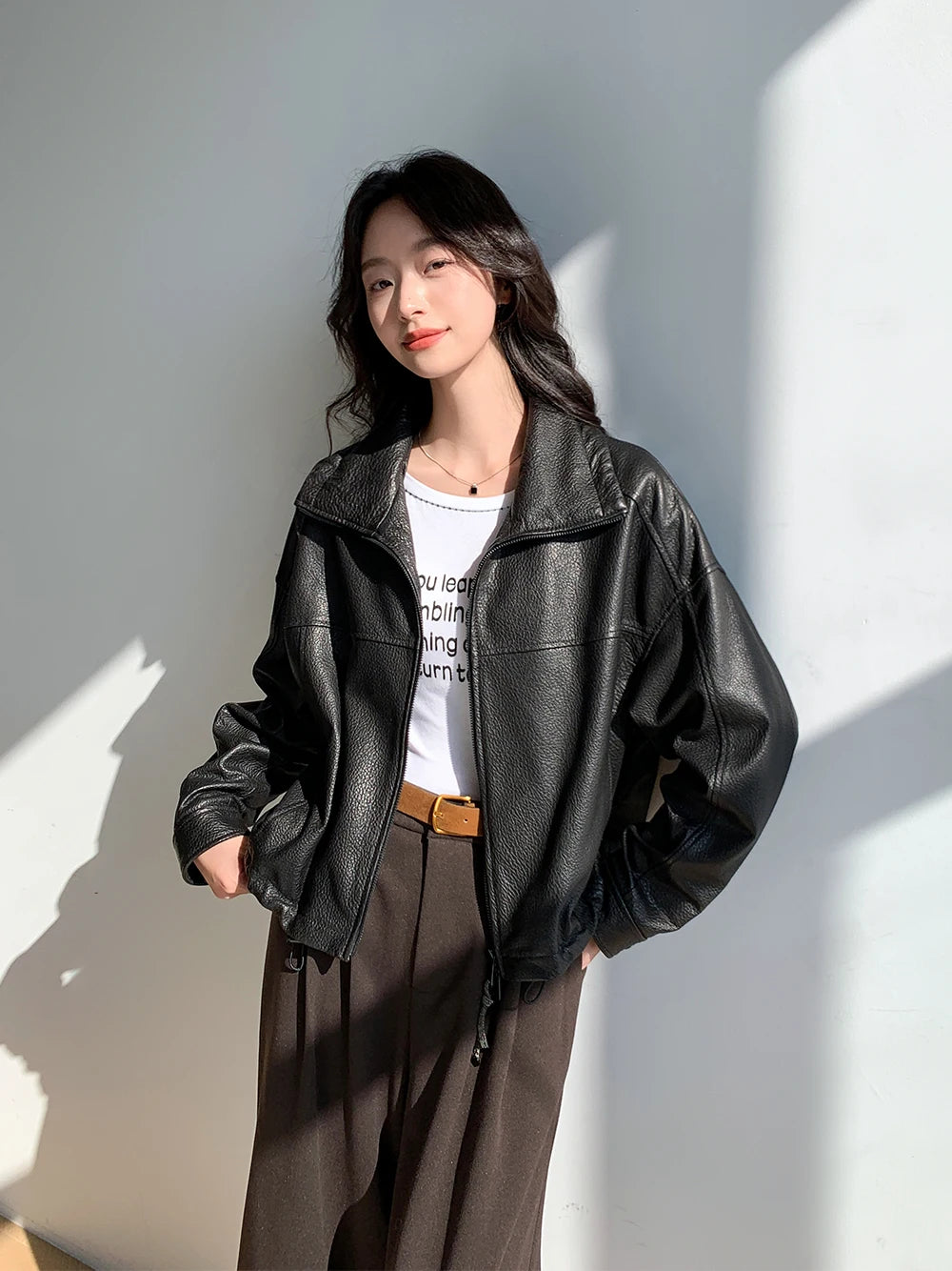Vintage Genuine Leather Cropped Jackets for Women Spring Autumn 2025 New High-end Simple Stand Collar Bubble Real Sheepskin Coat