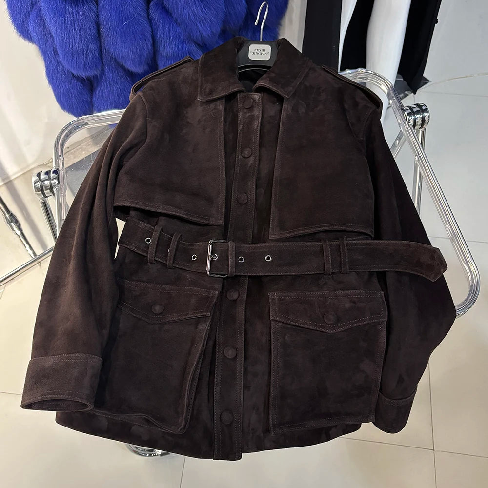 YOLOAgain Real Leather Suede Jacket Women Dark Brown Single Breasted Leather Coat With Belt