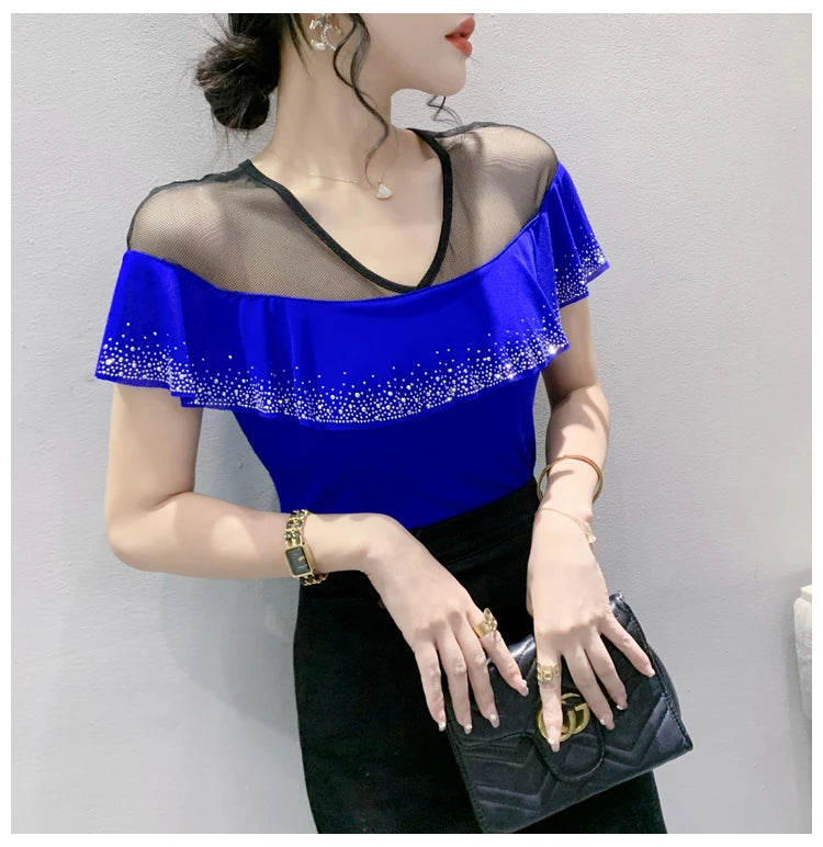 Real Photos Summer Tops Girl Patched Ruffles Mesh V Neck Short Sleeve T Shirt Women Fashion Tees Tshirts Beach Clothing