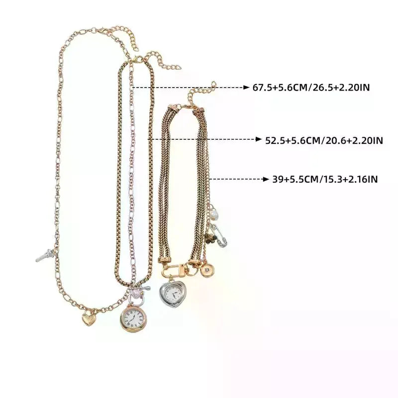 Necklace with Fashion Pin, Button Key, Heart Pendant for Women; Bohemian Multi-Strand Clavicle Chain Accessory