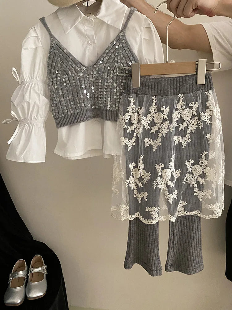 Fashion Baby Girl Ruffled Bow Shirt+Sequins Vest+Pant 3PCS Infant Toddler Child Clothes Set Spring Autumn Baby Clothes 1-12Y