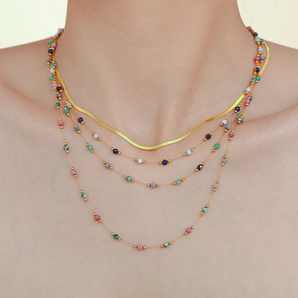Women's Necklace Natural Stone Handmade Bead Double-layer Layered Collarbone Chain Stainless Steel Jewelry