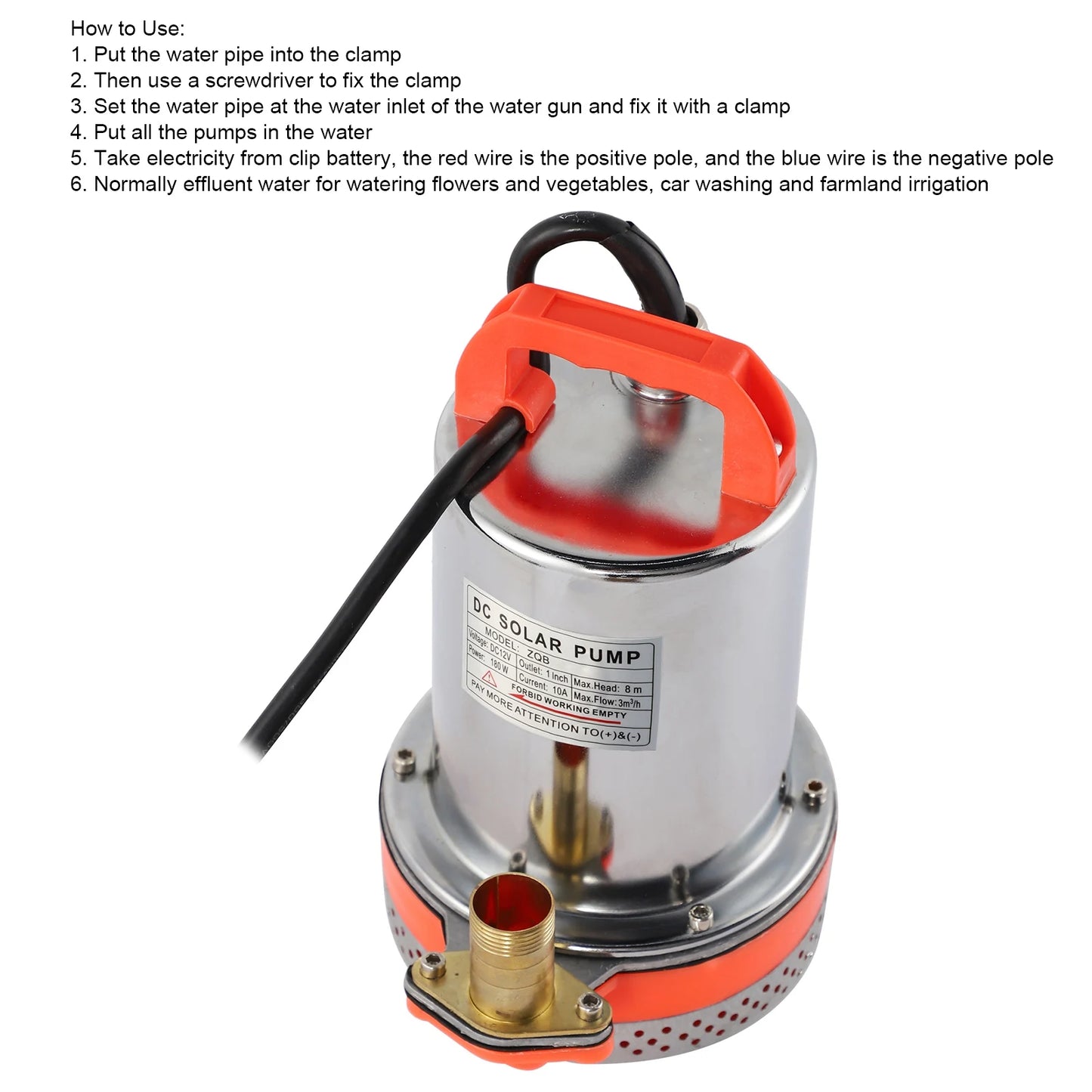 Submersible Pump Small Battery Solar Swimming Pool Cleaning 8meter Lift 2.1meter Cable DC 12V 180W/24V 220W