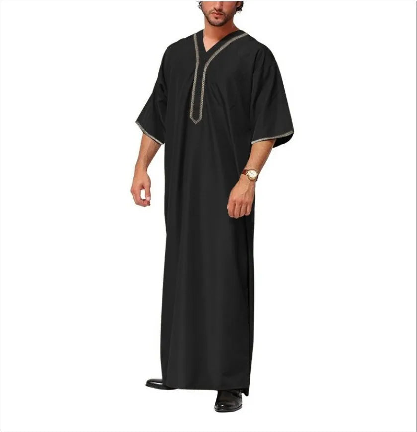 Islamic Muslim Men's Solid Color Short Sleeve Classic Embroidery Robe Dubai Arabic Ethnic Style Men's Casual Formal Robe