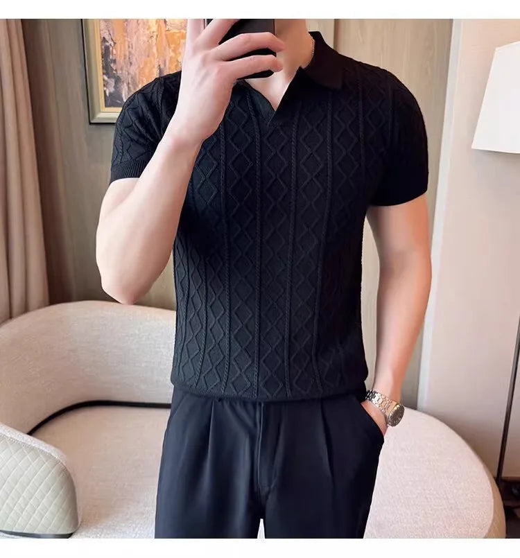 Polo Style Sweaters for Men Summer New Slim Fit Short Sleeve Business Casual T-shirts Male Solid Turn Down Collar Knitwear Tops